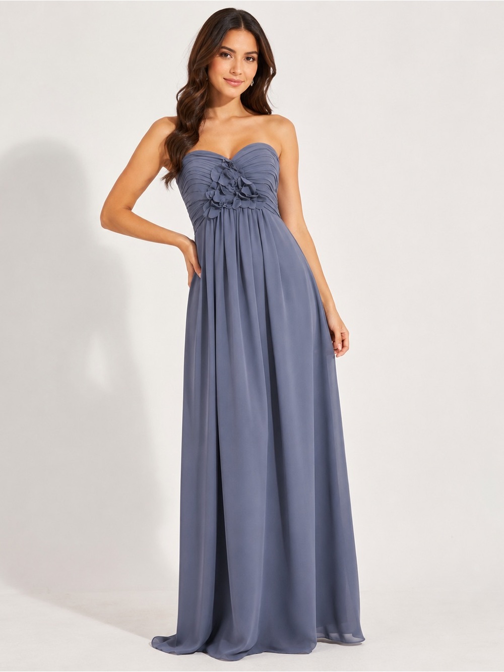 Bill Levkoff Mauve Gray Strapless Sweetheart Ruched Chiffon Gown Size 8